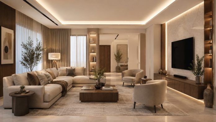 غرفة معيشة مودرن توضح مبادئ التصميم الداخلي الصحيح وتجنب أخطاء التصميم الداخلي الشائعة في المنازل السعودية