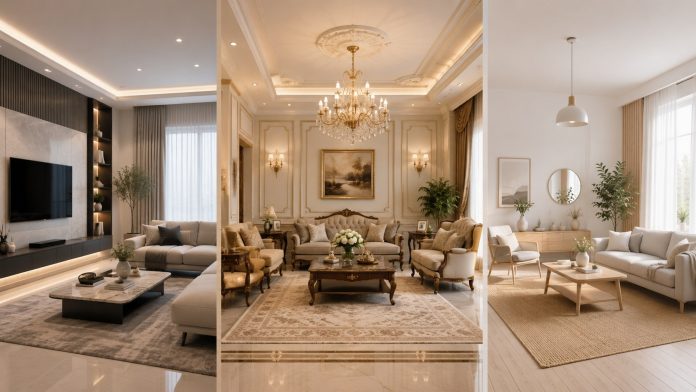 مقارنة بين أنماط التصميم الداخلي المودرن والكلاسيكي والاسكندنافي مع أمثلة للألوان والخامات والأثاث