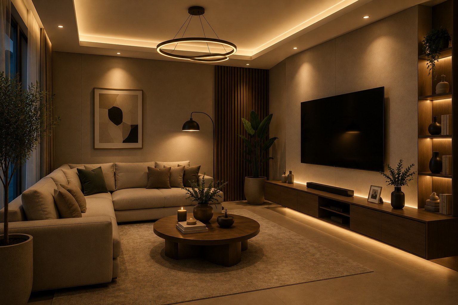 تصميم إضاءة داخلية دافئة لغرفة معيشة مودرن