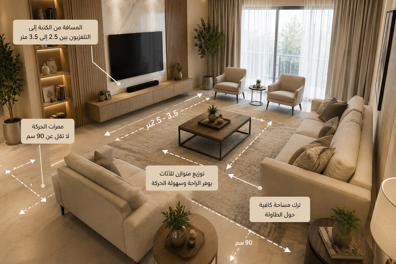 مثال عملي على توزيع الأثاث بشكل صحيح داخل غرفة معيشة مودرن مع ممرات حركة مريحة