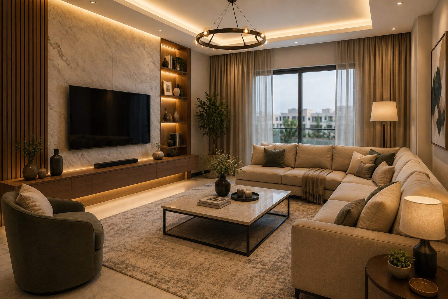 غرفة معيشة مودرن توضح تنسيق الأثاث والإضاءة ضمن تصميم داخلي عصري للمنازل السعودية