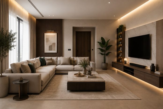 تصميم غرفة معيشة مودرن بأسلوب عصري متناسق يناسب المنازل السعودية